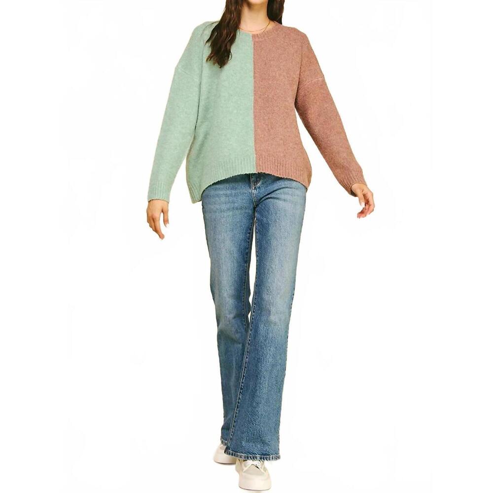 NEW PINCH colorblock cozy round neck sweater in mint brown